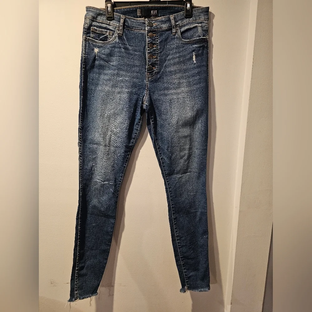 Kut From The Kloth Button Fly Skinny Jeans Size 12 High Rise Distressed Raw Hem - Picture 2 of 6